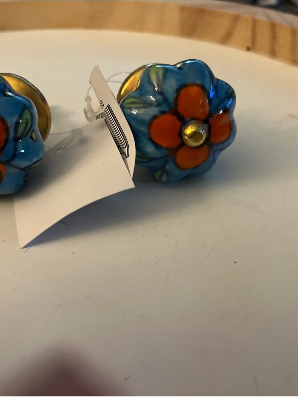 Set of two(2) Blue Ceramic Flower Knobs with Orange Petal Accent